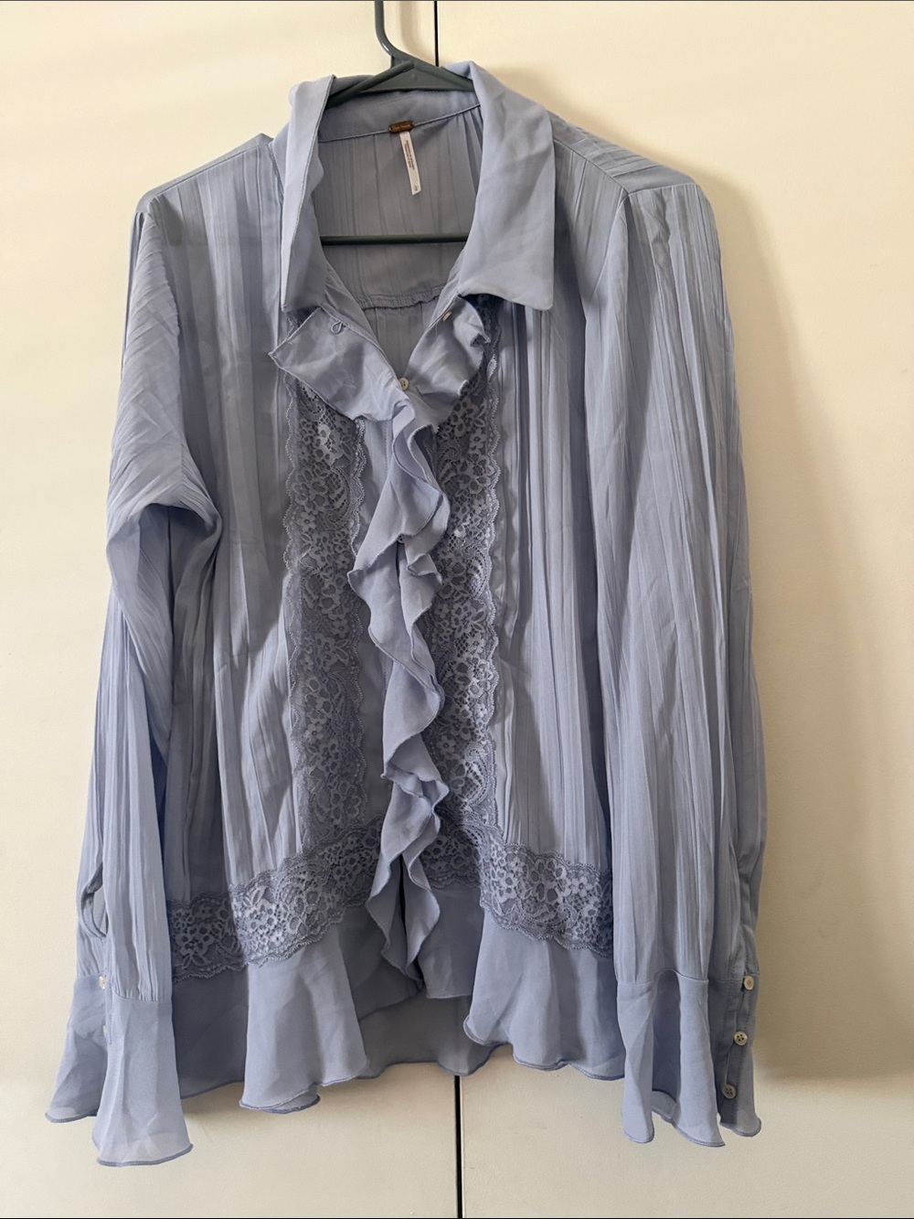Free People Light Blue Ruffle Lace-Front Button Down Blouse